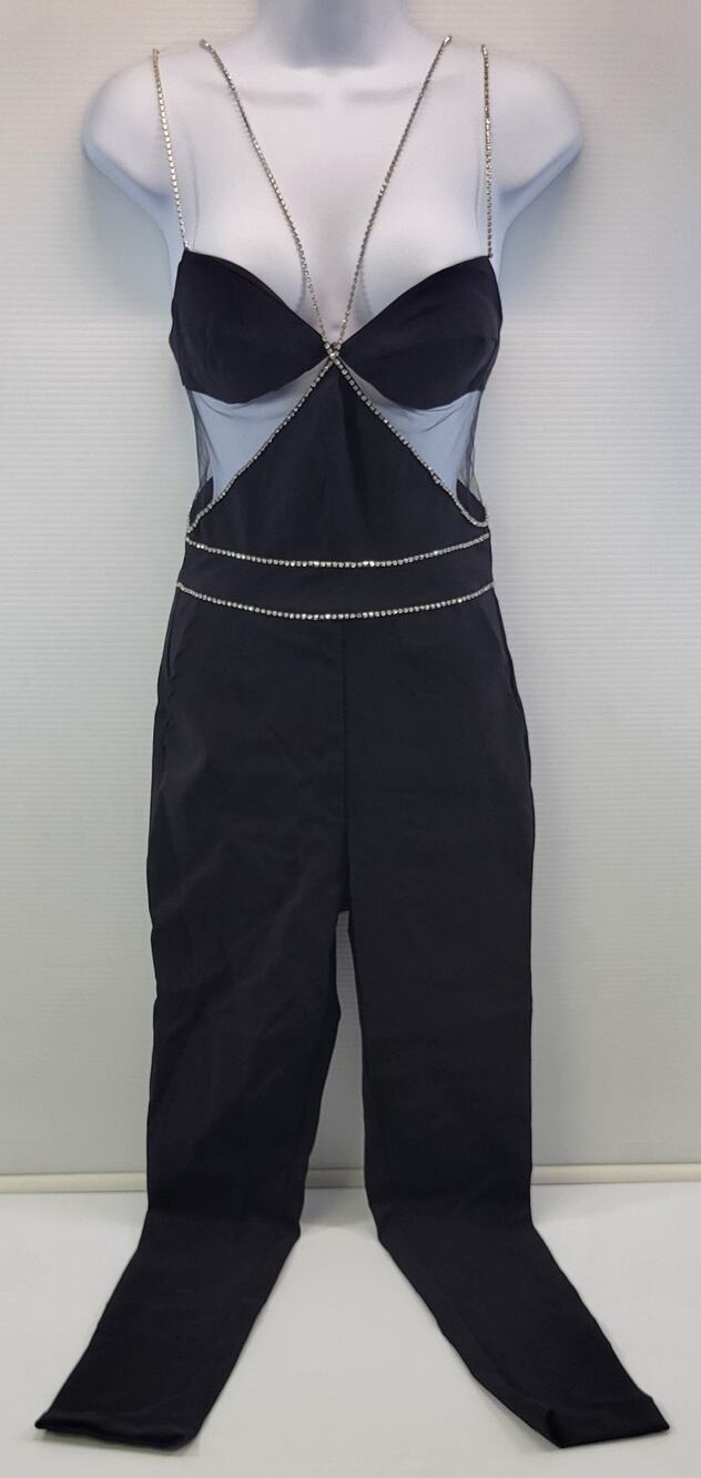M2) Heiress Beverly Hills Woman Diamonté Rhinestone Strap Black Jumpsuit XS